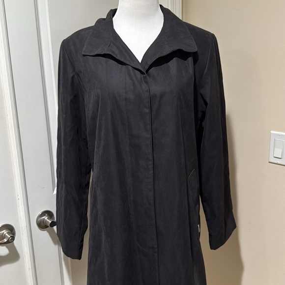 London Fog Mid Length Suede Classic Black Hidden Button Trench Coat Size Large - Picture 2 of 9